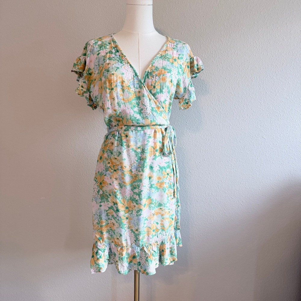Billabong Floral Wrap Dress Ruffle Sleeve Summer Resort Womens‎ Size Large